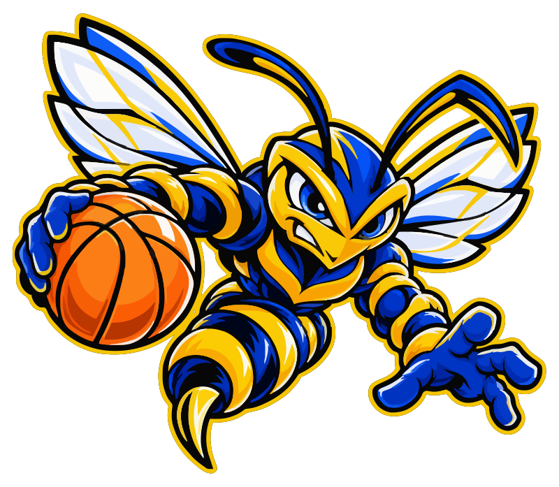 Dream Makers blue and gold hornet driving forward with a basketball